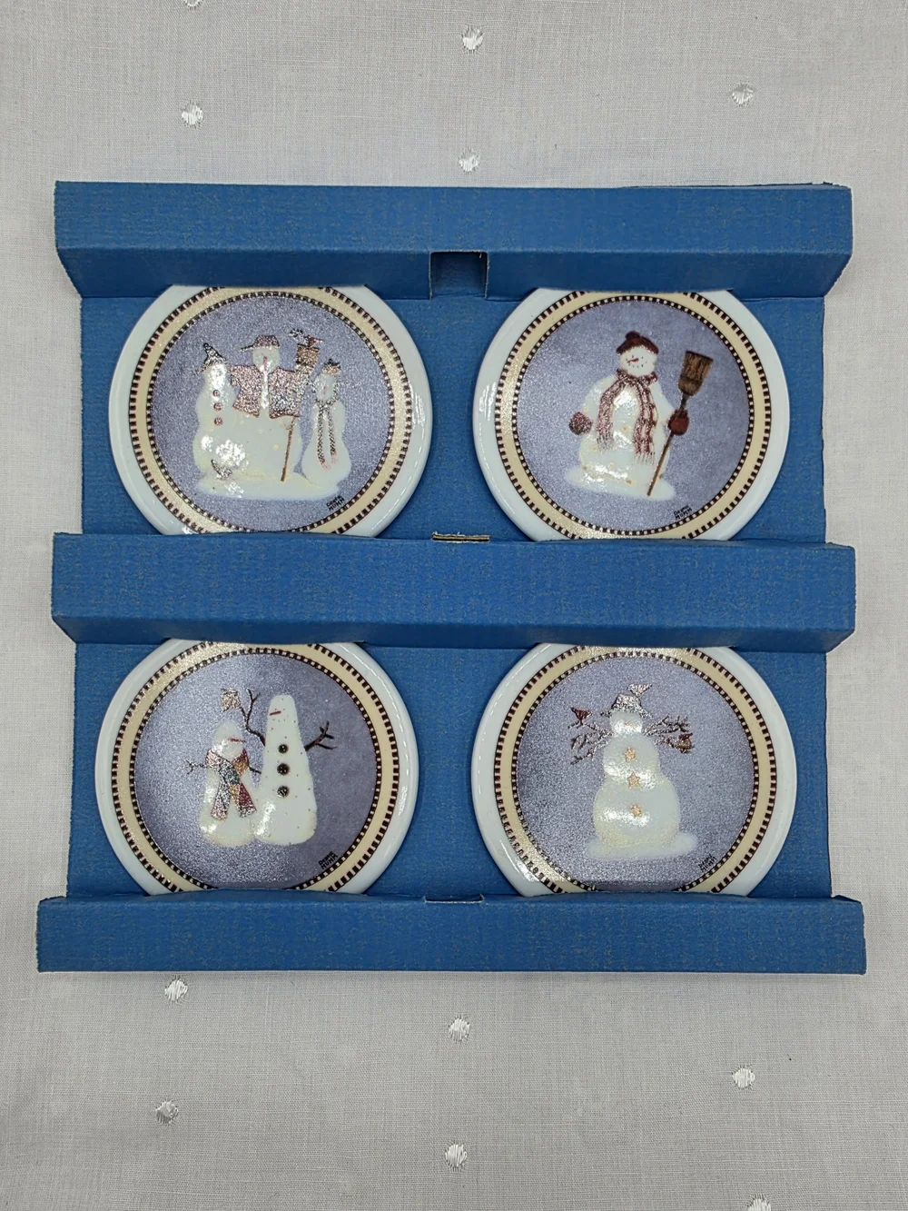1998 Vintage Set of 4 Debbie Mumm Snowman Ceramic Christmas Tree Ornaments